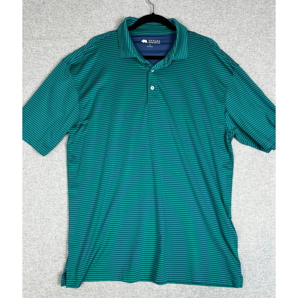 Onward Reserve Polo Shirt Mens XL Green Navy Blue Striped Performance Golf 2771‎